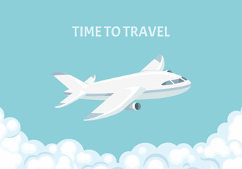 Airplane in the blue sky. Aircraft flying in clouds. Time to travel banner. Vector cartoon flat illustration. 