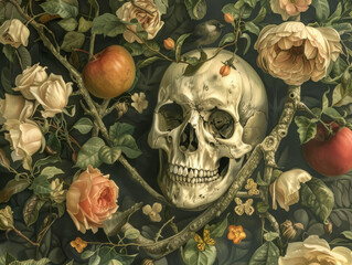 Vanitas Still Life with Skull amid Blossoms and Fruit