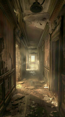 Fototapeta na wymiar Eerie Abandoned Asylum Interior with Sunlight Beam
