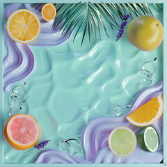  Exotic citrus seamless  on pastel light background with palm leaf, summer concept.