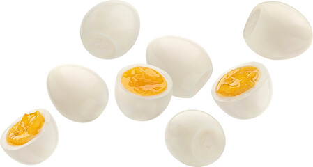 Falling peeled eggs isolated on white background