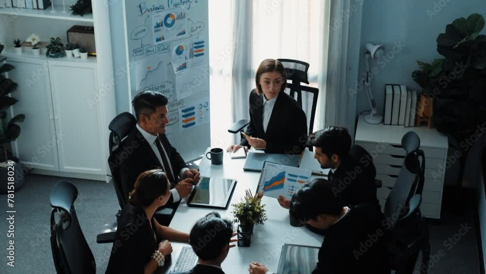 Poster top view of businessman present idea and pointing at whiteboard while executive manager listen prese