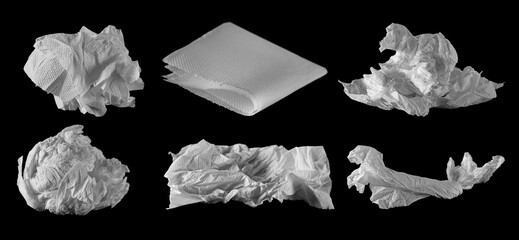 Set crumpled and torn folded paper towel, disposable isolated on black, clipping path	