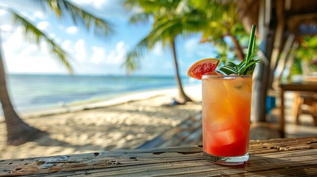 cocktail on wooden surface, Caribbean Beach bar, palm trees and ocean in the background --ar 16:9 Job ID: 2c10dfb0-0dbd-4a9a-b15d-b147e10ecca2