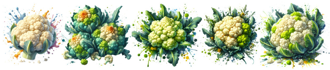 a cauliflower with splash isolated png watercolor hand drawn
