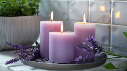 Obraz na płótnie Canvas Three glowing lavender candles on white tiles background