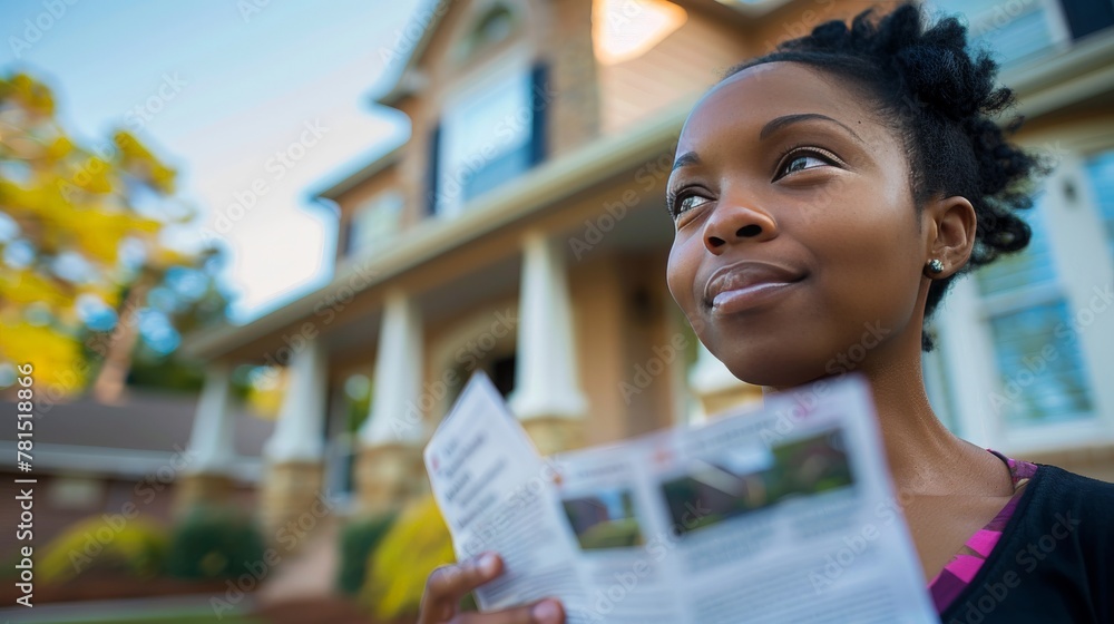 Wall mural black woman with a piece of paper advertisement about a house in the background