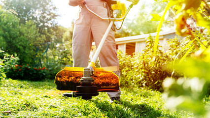 A gardener with a grass trimmer mows the grass on the property