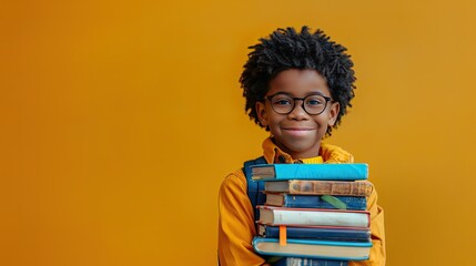 Bright future ahead! Smiling African American boy, books, modern school background. - obrazy, fototapety, plakaty