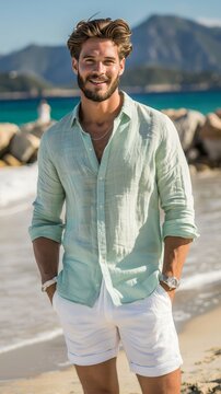 A handsome man with a beard wearing a light green linen shirt and white shorts, standing on a beach 