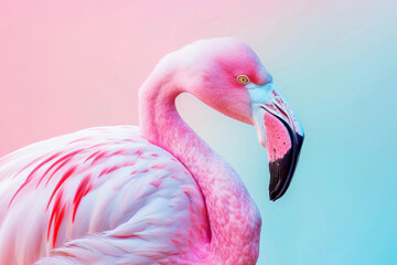 Naklejka premium Pastel Flamingo Portrait, Close-Up Profile Shot with Soft Lighting