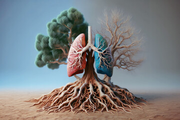 Tree in a shape of lungs - deforestation and global warming concept. Part of the tree is withered and part of the tree stands in leaf. Hope for a solution to the environmental problem.