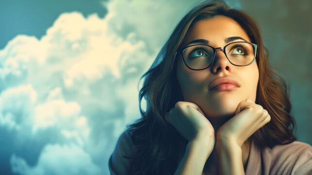 A contemplative woman with glasses looks upward, lost in thought against a dreamy cloud background.
