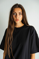 female model with a blank black t-shirt with copy space