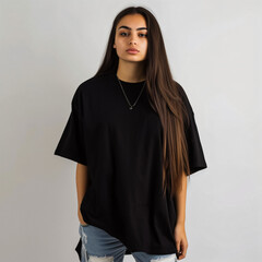 female model with a blank black t-shirt with copy space