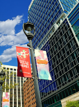Raleigh, NC - USA - 4-7-2024: Dreamville Music festival banner in downtown Raleigh, promoting the annual event featuring J. Cole