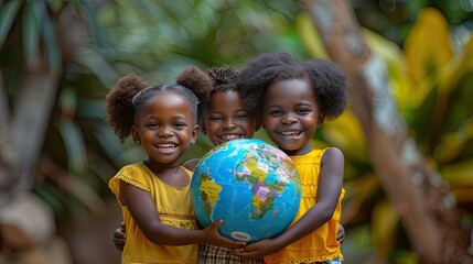 Celebrate peace! African children hold earth globe. Unity, hope, global harmony. - obrazy, fototapety, plakaty