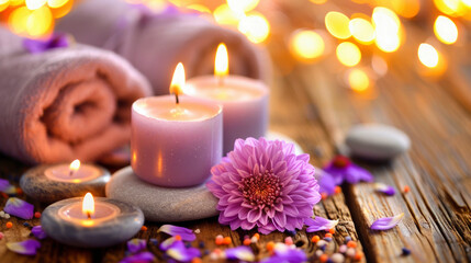 Obraz na płótnie Canvas Soothing spa setting with lilac candles, fluffy towel, and a vivid dahlia, set against a backdrop of warm, glowing lights.