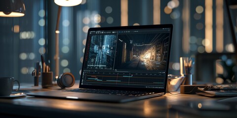 In a highly detailed, photo-realistic scene, a laptop screen presents creative design software with complex designs and tools in 8K with sharp focus, mimicking a professional photograph