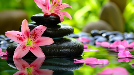 Elegant pink lilies and smooth stones on water set a scene of pure relaxation and wellness, embodying tranquility and natural beauty.