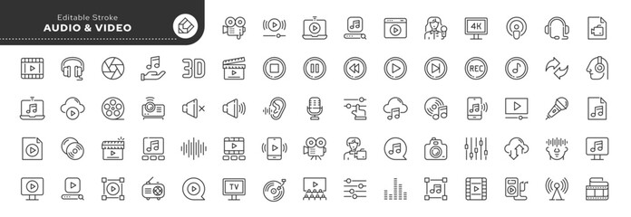 Set of line icons in linear style. Set - Video and audio. Video camera, sound, microphone, media and player.Outline icon collection. Pictogram and infographic. Editable stroke.	