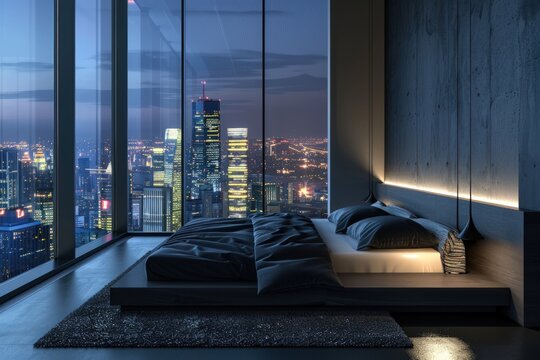High bedroom overlooking the city at night modern room. Generate AI image