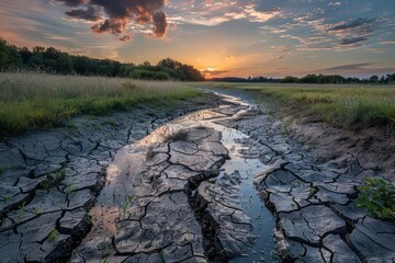 Dried Riverbed Landscape, Cracked Bottom with Small Puddles, Global Warming Concept - obrazy, fototapety, plakaty