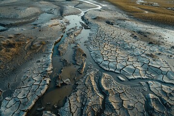 Dried Riverbed Landscape, Cracked Bottom with Small Puddles, Global Warming Concept
