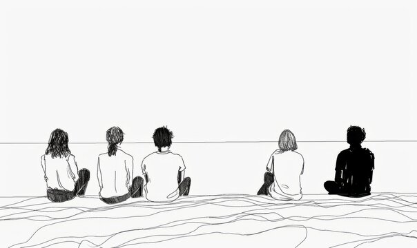 a simple black and white line drawing of people sitting on the edge looking at water Generative AI