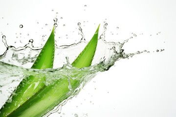 Aloe Vera Slices Fly Isolated, Aloe Vera Falling in Water, Aloevera Juice Splashing on White Background