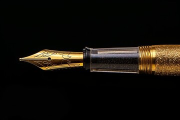Golden exquisite gold fountain pen on black background, expensive fountain ink pen