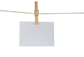 Empty white paper hanging on clothesline with clothespin on transparent background.