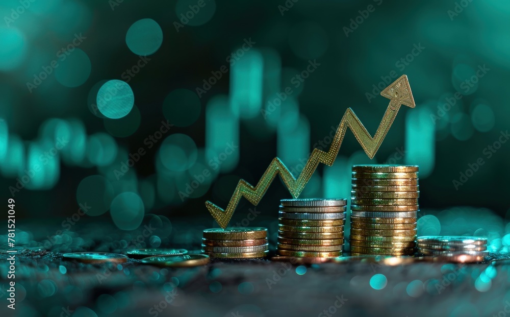 Poster digital collage of stack of coins with growing graph for investment concept. generate ai image