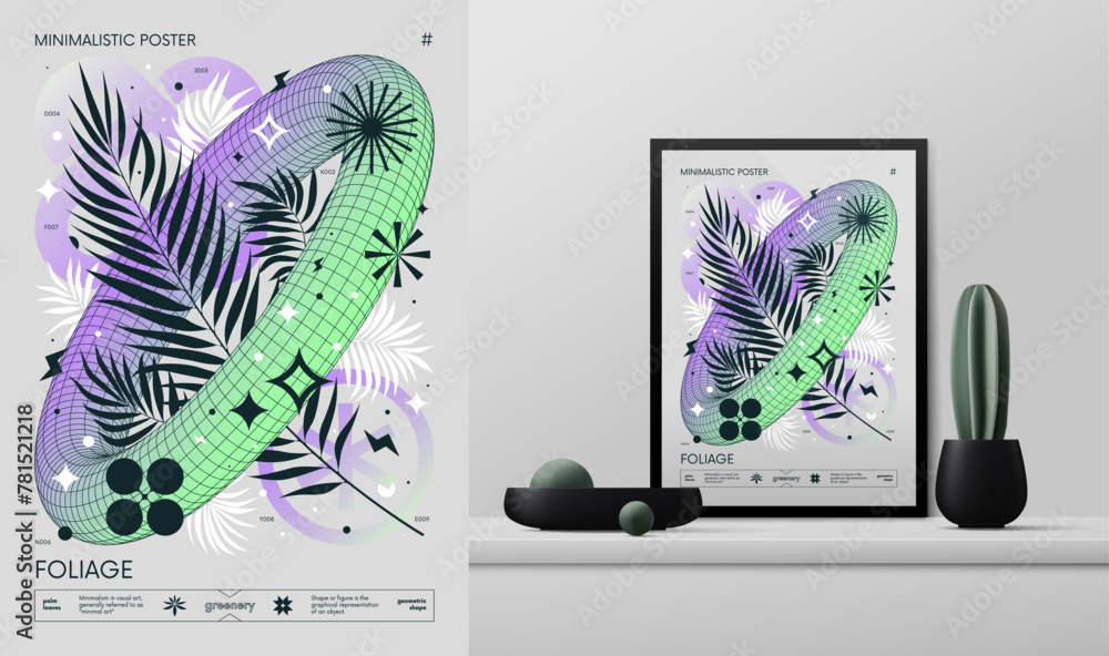 Poster vector gradient minimalistic rave poster with strange wireframes graphic of geometrical shapes y2k d