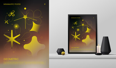 Vector gradient minimalistic rave Poster with strange wireframes graphic of geometrical shapes Y2K design inspired by brutalism and mockup in the interior, silhouette basic yellow figures - 781521206