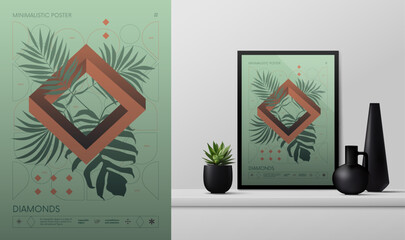 Vector gradient minimalistic rave Poster with strange wireframes graphic of geometrical shapes Y2K design inspired by brutalism and mockup in the interior, tropical leaves with impossible shape - 781521211