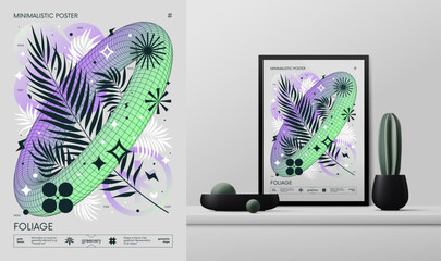 Naklejka premium Vector gradient minimalistic rave Poster with strange wireframes graphic of geometrical shapes Y2K design inspired by brutalism and mockup in the interior, lilac lime torus frame with tropical leaves