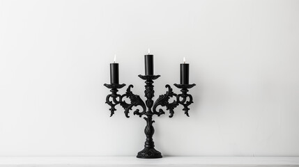One black candelabrum with three candlesticks on white background