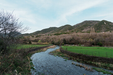 Fototapeta na wymiar 山と川の流れる田舎の風景