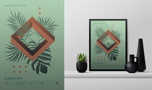 Vector gradient minimalistic rave Poster with strange wireframes graphic of geometrical shapes Y2K design inspired by brutalism and mockup in the interior, tropical leaves with impossible shape