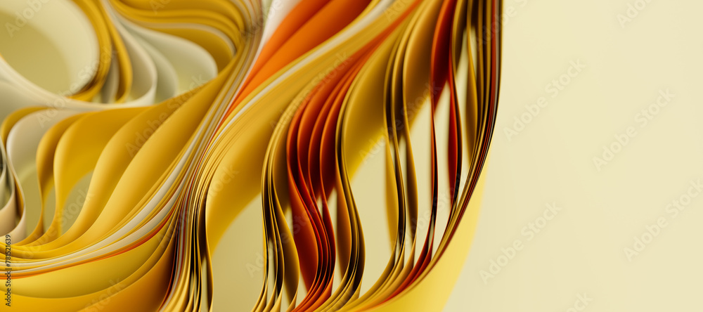 Poster beige and yellow layers of cloth or paper warping. abstract fabric twist with shallow dof. 3d render