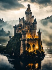 Medieval castle standing tall on water. Background for design, print, card (greeting card), banner,...