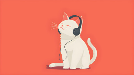 llustration detailed minimalist cartoon of a lovely white cat listening to music