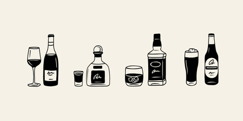 Line art doodle alcoholic drinks. Wine, beer, tequila, whiskey illustration - obrazy, fototapety, plakaty