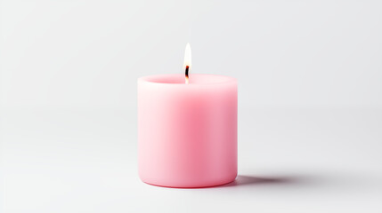 Obraz na płótnie Canvas One singular glowing light pink candle on white background