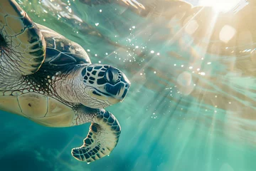 Fotobehang Sea Turtle Close Up Ocean Swim Marine Wildlife Encounter © vitronis