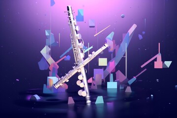 Illustrate a dreamlike scene filled with floating musical notes and ethereal clarinet music  low poly - obrazy, fototapety, plakaty