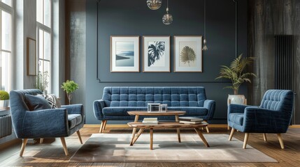 Modern living room interior with a blue sofa and armchair. Generate AI image