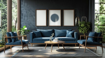 Modern living room interior with a blue sofa and armchair. Generate AI image