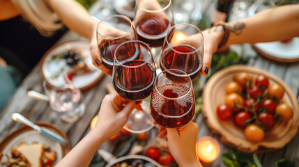 Happy friends toasting glasses of red wine at summer party - 781522246